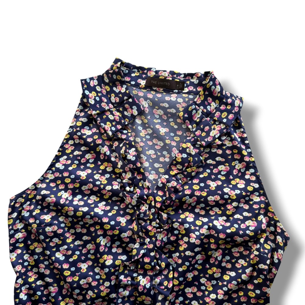 The Limited Women M Navy Blue Pink Floral Ruffle V-Neck Sleeveless Blouse Preppy